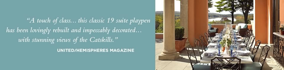 United/Hemispheres Magazine quote and elegant table setting on patio overlooking Hudson Valley