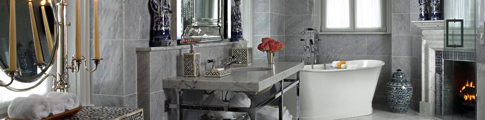 Glenmere Mansion Accommodations, marble bathroom with fireplace