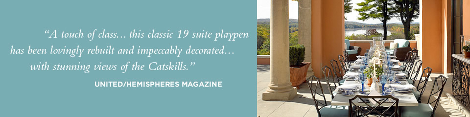 Hemispheres Magazine quote and elegant table setting Glenmere Mansion patio